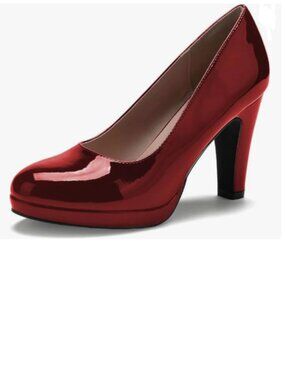 miss left Wine Red Low Platform Chunky High Heel Slip On Closed Round Toe Pump